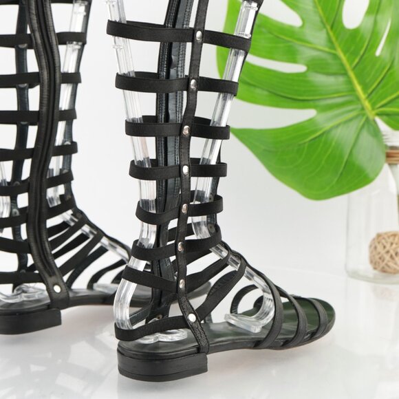 Stuart Weitzman Womens Gladiator Sandal Size 6.5 Tall Black Leather Strappy Shoe - Picture 5 of 14
